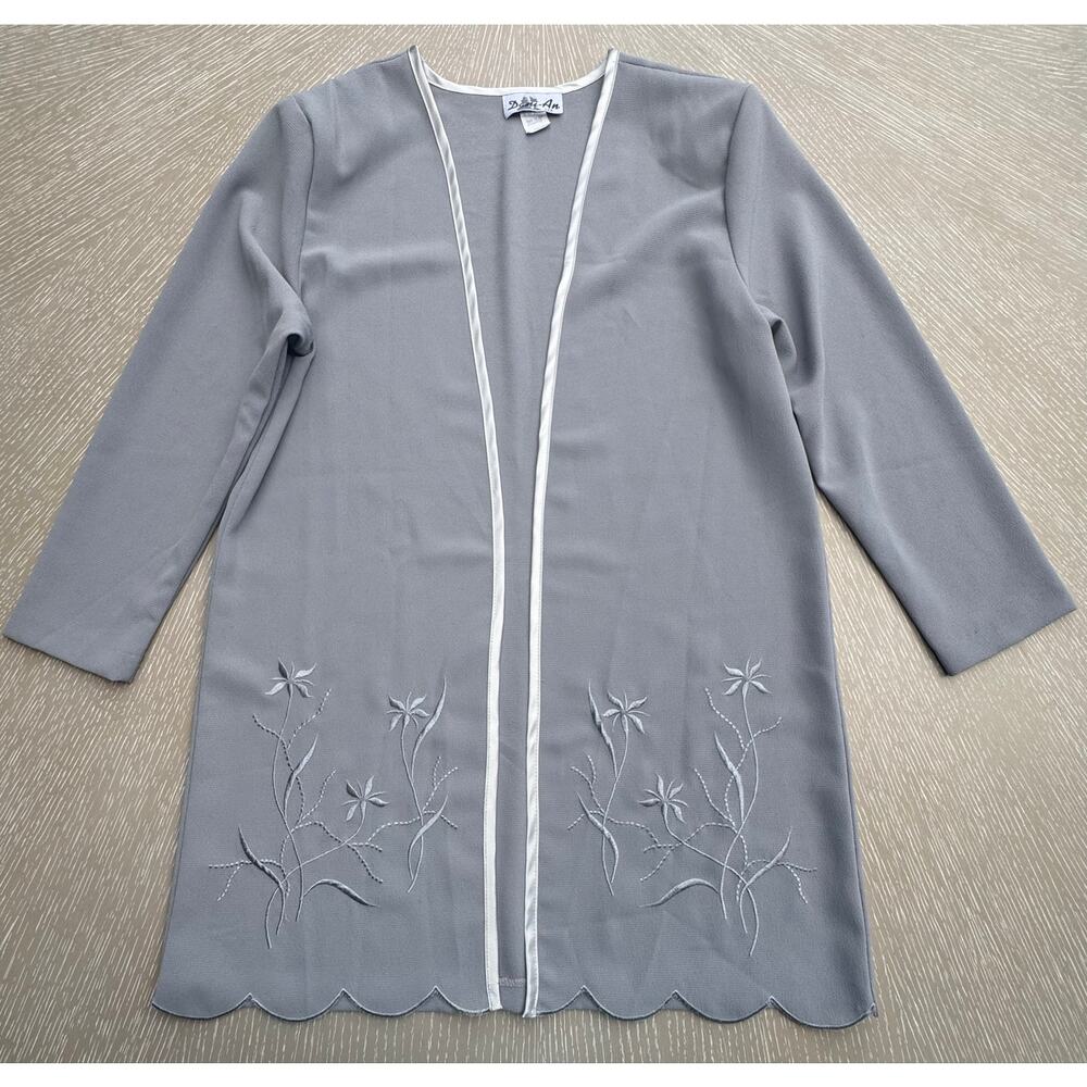 Vintage 90s Dani-An USA Gray Sheer Embroidered Duster Cardigan Shoulder Pads L